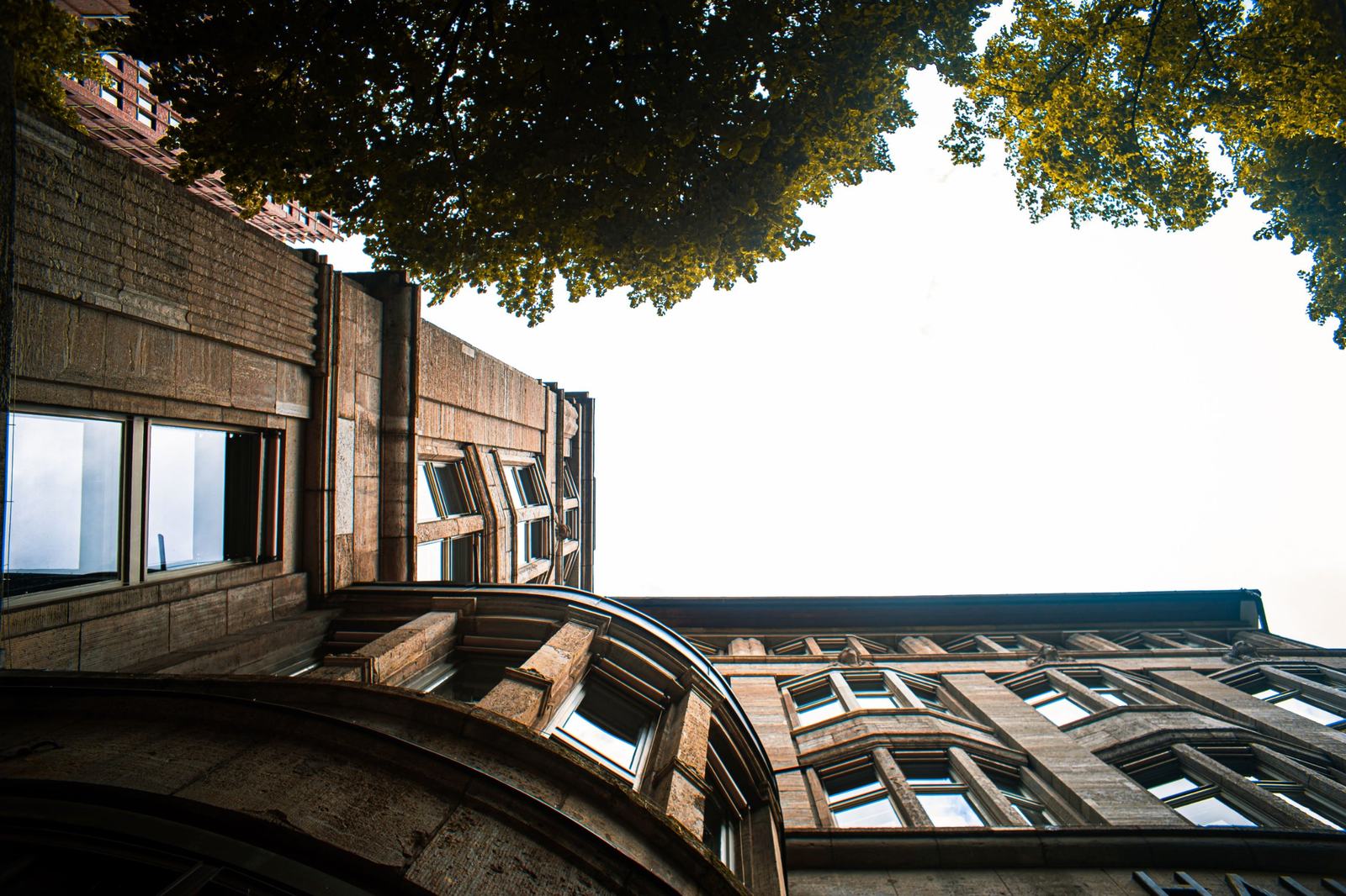 Blick nach oben an historischen Sandsteinfassaden unter Baumkronen