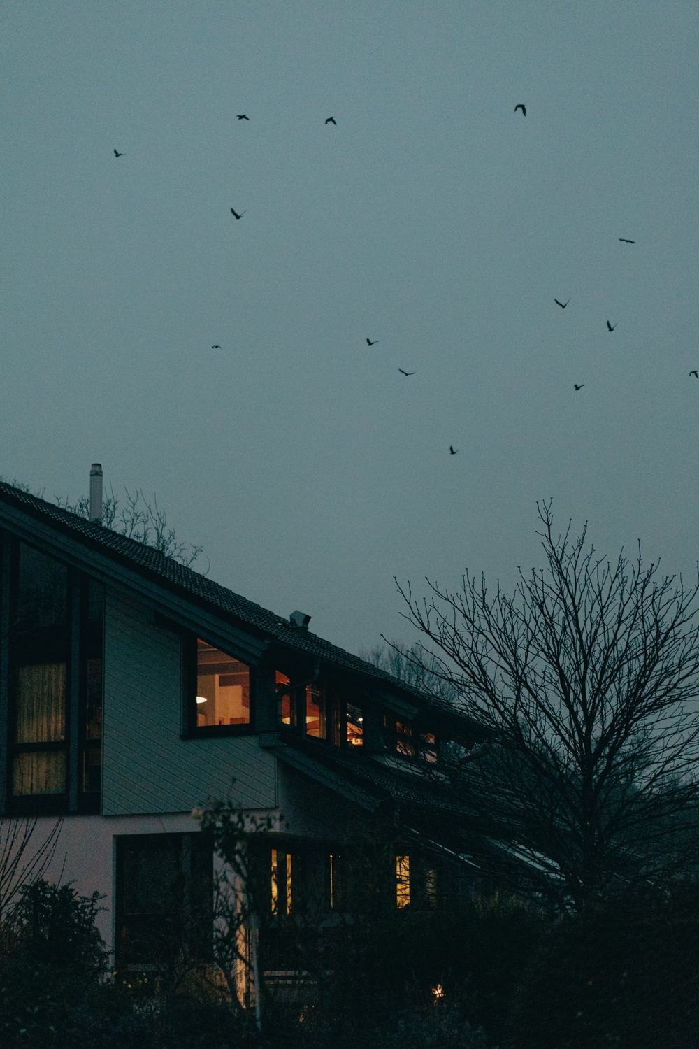 Wohnhaus in der Abenddämmerung mit erleuchteten Fenstern